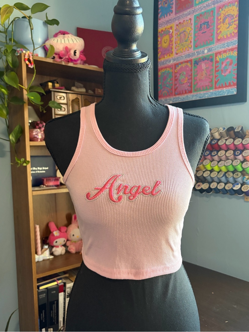 Pink Ribbed 'Angel' Crop Tank Top